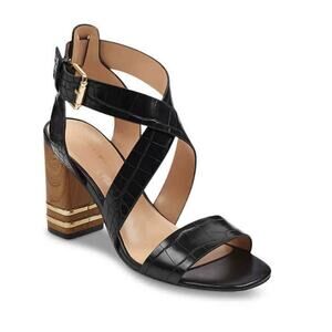 TOMMY HILFIGER Sadah Black Gold Leather Strappy Reptile Block Heel Sandal 9.5
